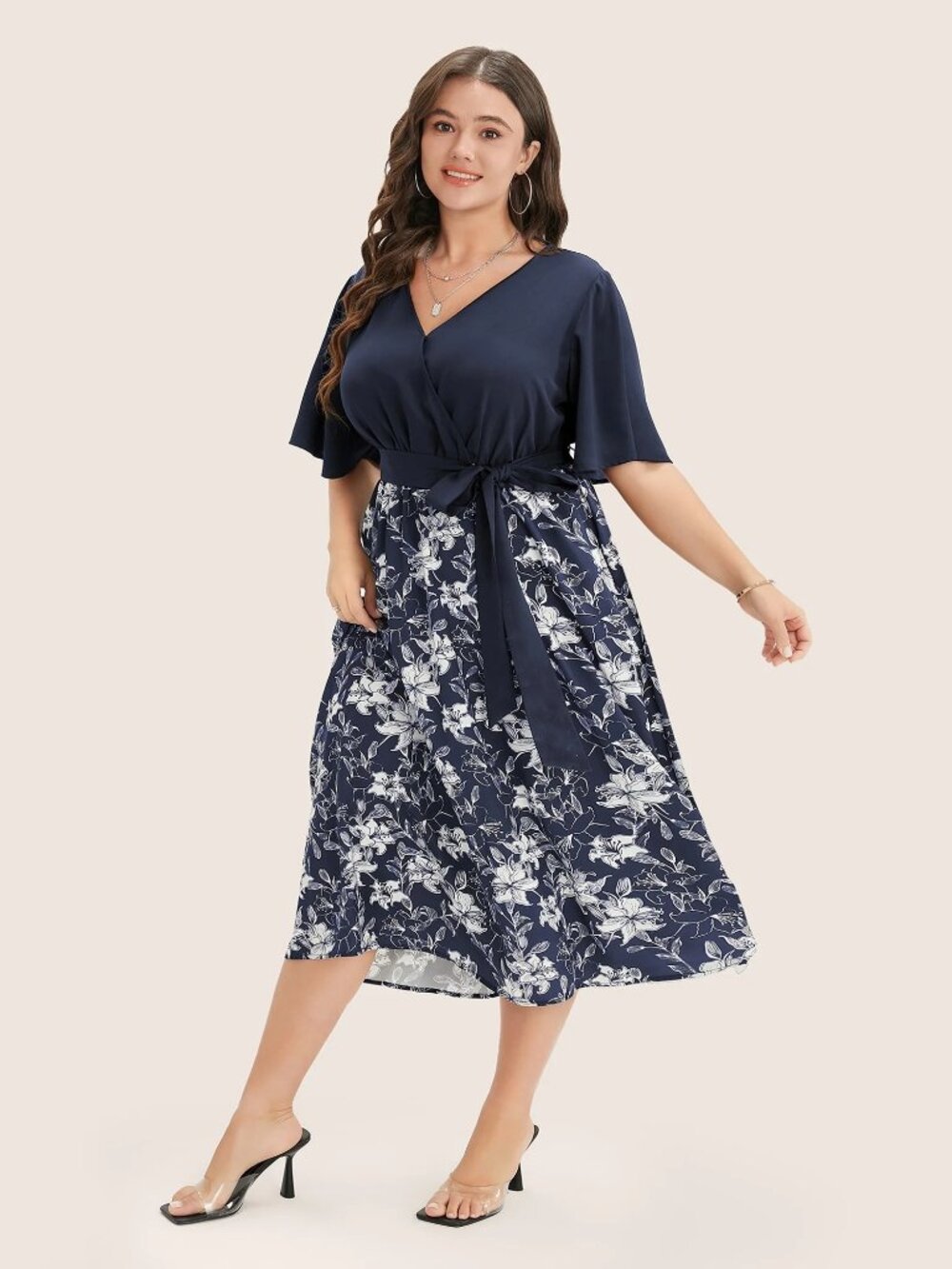 Bloomchic Size 10 Dress V-Neck Floral Ruffle Sleeve Midi Patchwork Pockets Belt - Picture 3 of 9